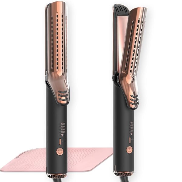 Dual-Voltage 2-in-1 Titanium Curling & Straightening Iron | 1.5" Airflow Styler | 4 Temp Settings | Travel-Ready 110–240V
