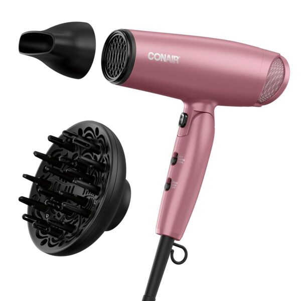 Conair 1875W Travel Hair Dryer with Diffuser & Folding Handle – Dusty Rose