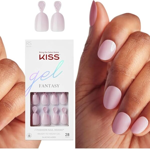 KISS Gel Fantasy Press On Nails Stay Beautiful – Solid Pink, Short Oval, Ultra-Smooth, 28 Nails + Glue, 2-Pack