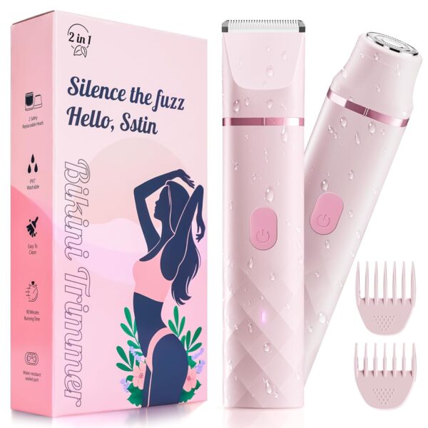 Bikini Trimmer for Women, IPX7 Waterproof, Painless 2-in-1 Electric Razor (Pink)
