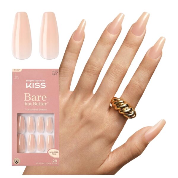 KISS Bare But Better Press On Nails – Nude Drama, Long Coffin, 28 Count