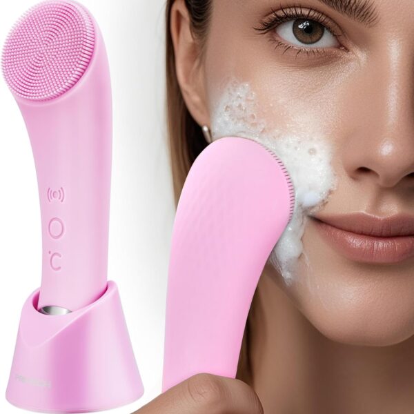 PRITECH Silicone Facial Cleansing Brush with Heat Massage (Pink)