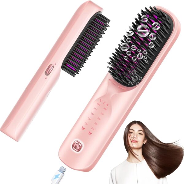 Cordless Ionic Hair Straightener Brush, Portable (Pink)