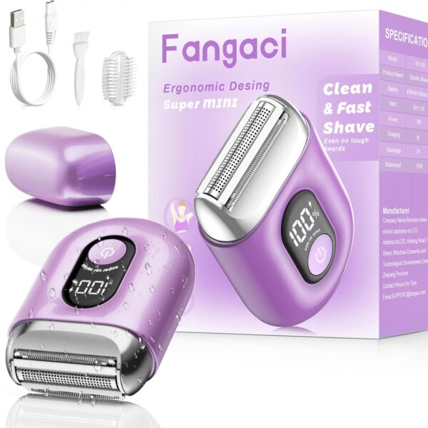 Cordless Electric Shaver for Women, Rechargeable Bikini Trimmer, IPX7 Waterproof Face & Body Razor, LED Display (Purple)