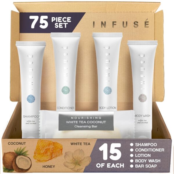 Infuse White Tea & Coconut Hotel Toiletries Bulk Set – 75 pcs Travel Size